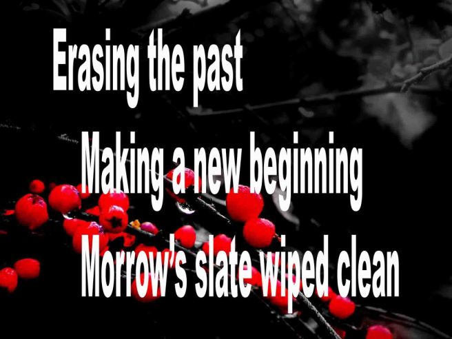 The image shows a spray of red berries on a black background on which is written a senryū poem titled Erasing the Pastby the poet Goff James. The poem reads;
Erasing the past,
Making a new beginning,
Morrow’s slate wiped clean.